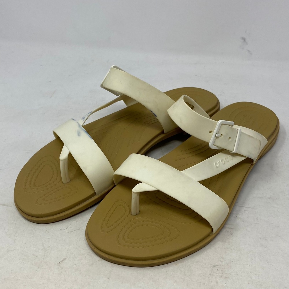Crocs Tulum Toe Post Sandals Womens 9 Cream Tan Buckle Ankle Strap Flat Sandal